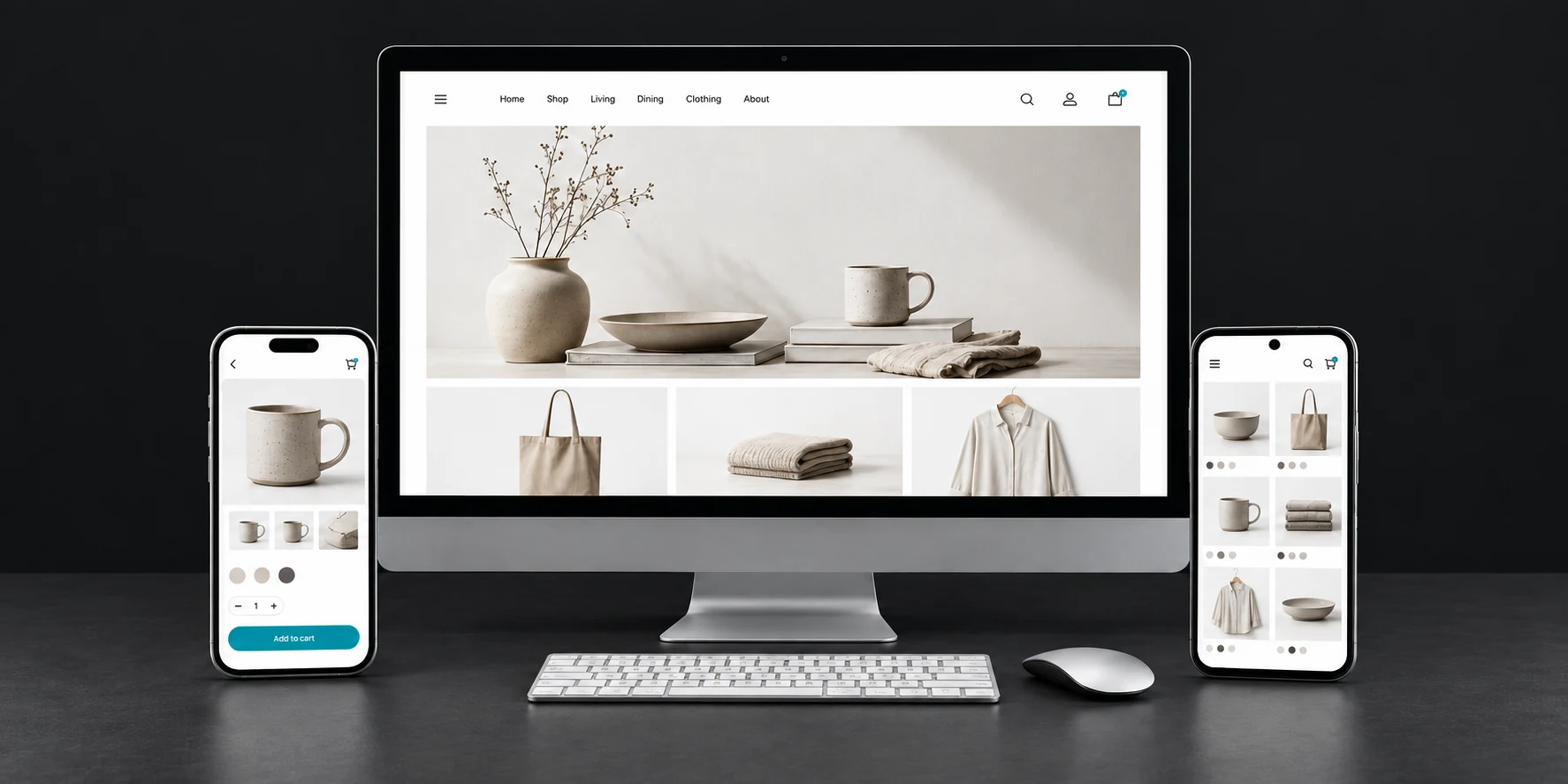 Illustrative online store displayed on a desktop and two mobile phones