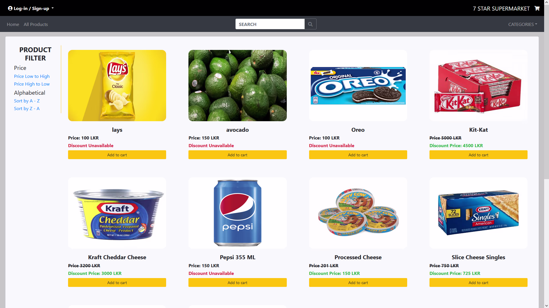 Products page screenshot
